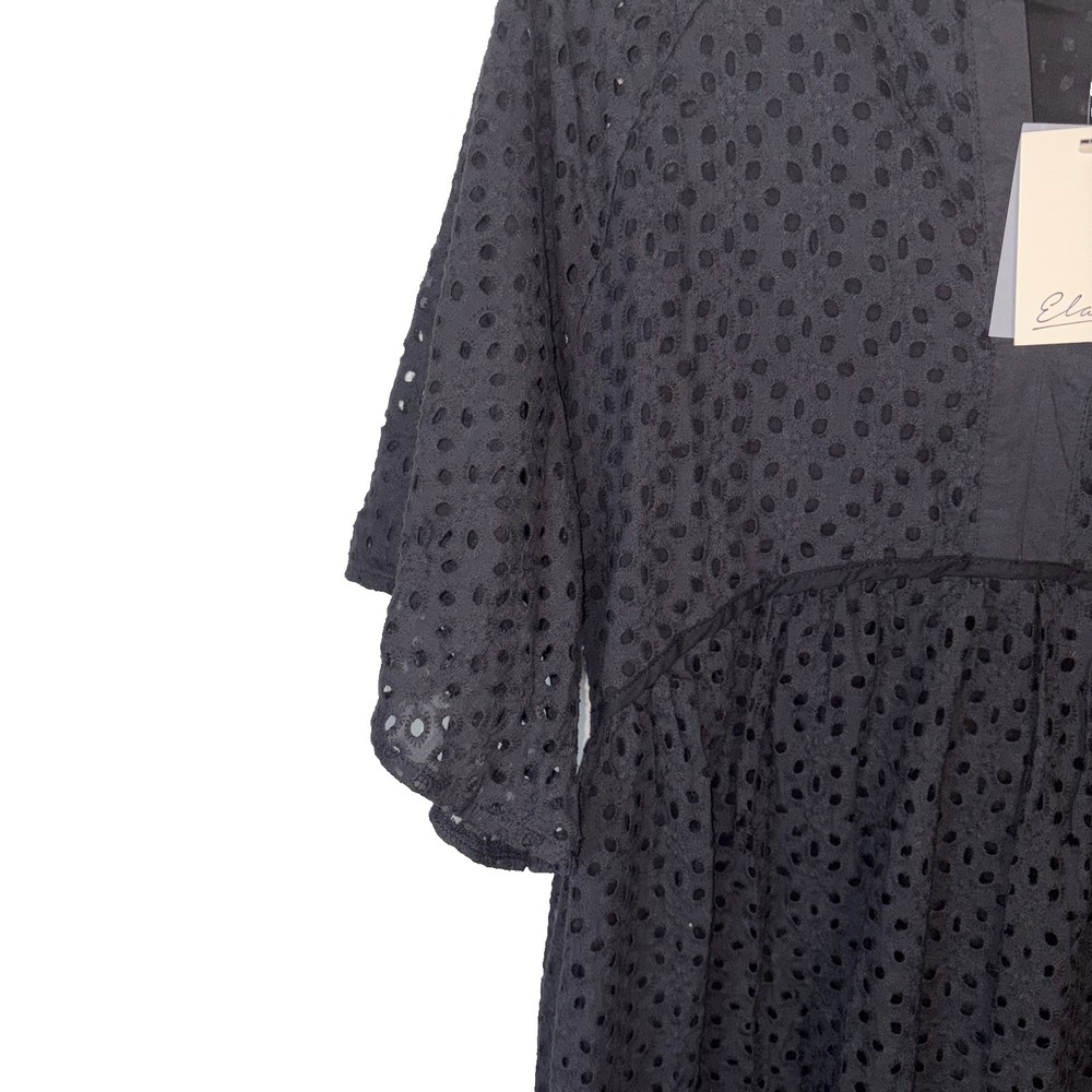 Elan‎ Black Eyelet Mini Dress XL Lined 3/4 Sleeve V-Neck Bloomingdale's Brand - Picture 4 of 8